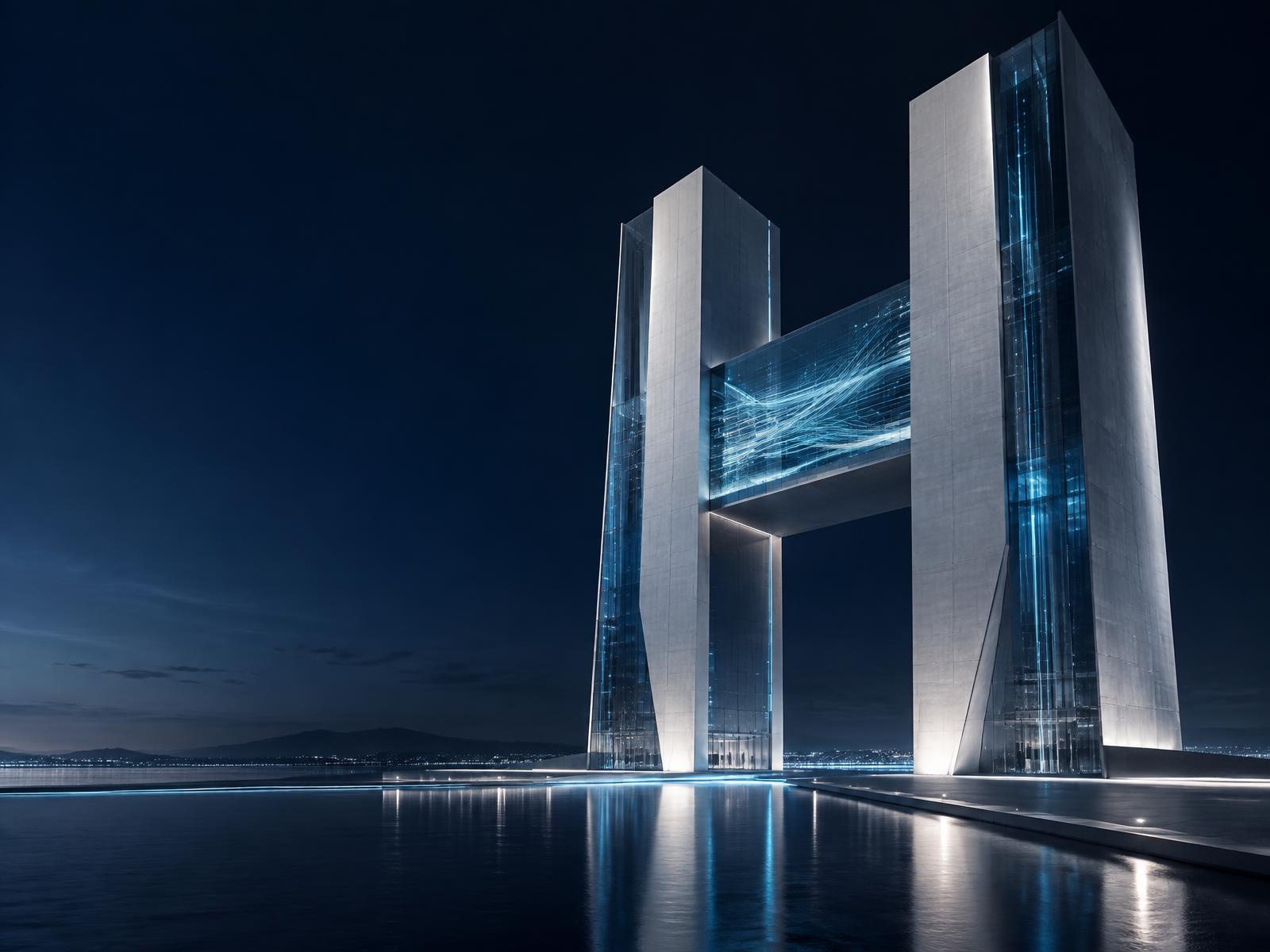 Arquitetura monumental em forma de H conectada por fluxos de dados