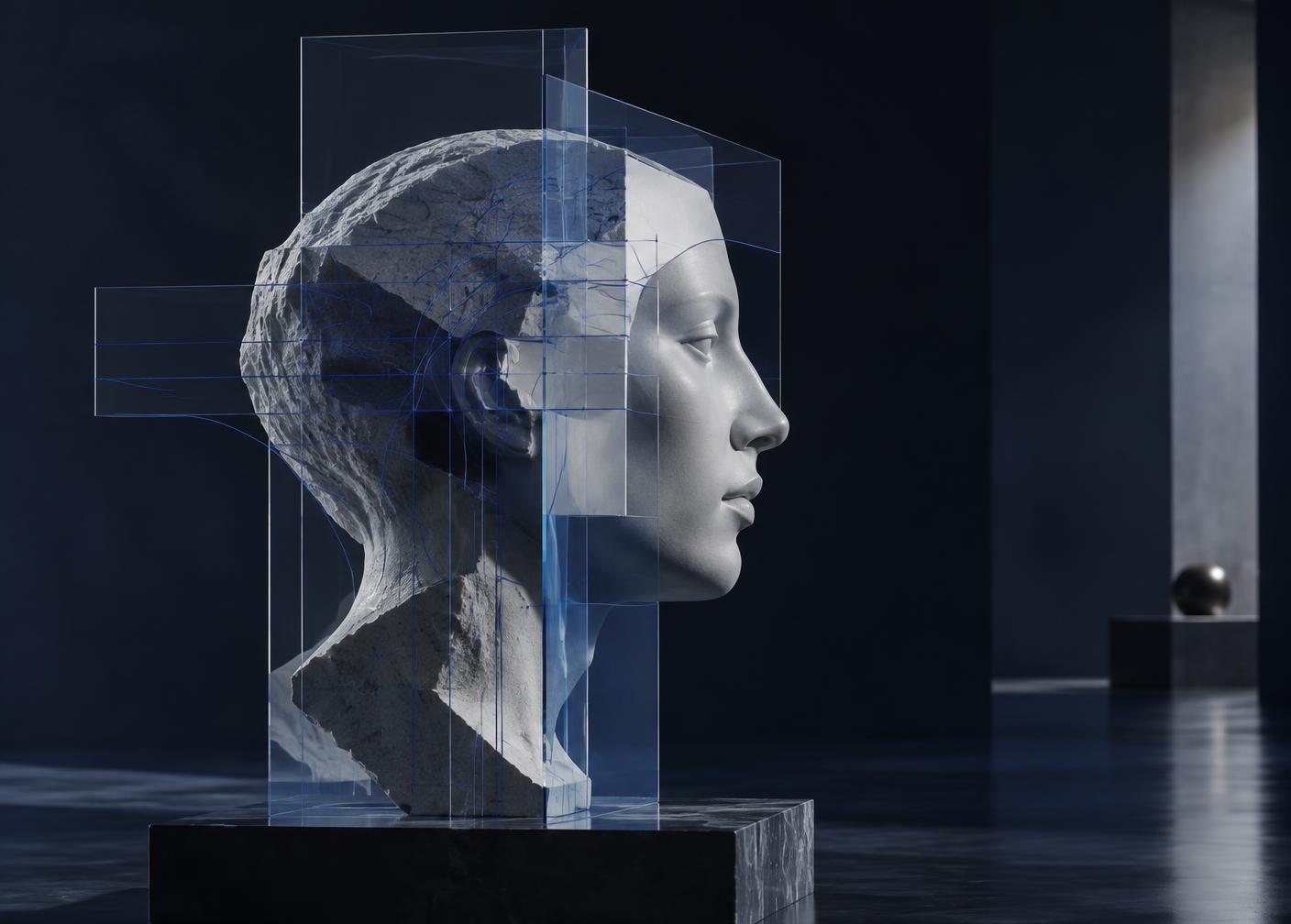 Escultura humana atravessada por planos arquitetônicos de dados